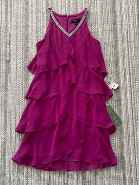 S.L. Fashions Fuchsia Tiered Ruffle Mini Dress with Beaded V-Neck